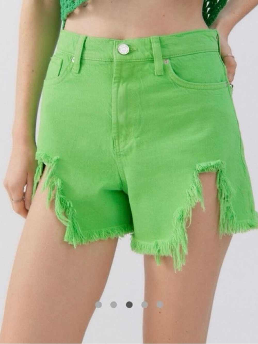 BDG A Line Distressed Denim High Rise Neon Green Denim Shorts NWT